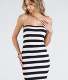 With its mid-calf hem and popular flattering fit, the Chic Charm Striped Knit Strapless Midi Dress in black nails the balance of trend and ease, redefining go-to midi dresses for any occasion.