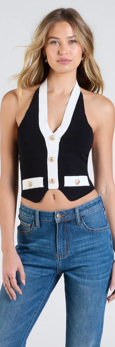 Trendy women’s tops in black, like the Chicly Defined Halter Button Vest, bring effortless style for fall layering, lounging, or going out.