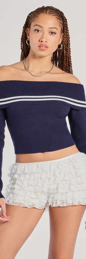 The Cruising Cutie Off-The-Shoulder Striped Knit Sweater Top in navy blue with a modern design and trendy look is part of the latest women's tops collection to elevate your 2025 wardrobe.