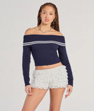 The Cruising Cutie Off-The-Shoulder Striped Knit Sweater Top in navy blue with a modern design and trendy look is part of the latest women's tops collection to elevate your 2025 wardrobe.