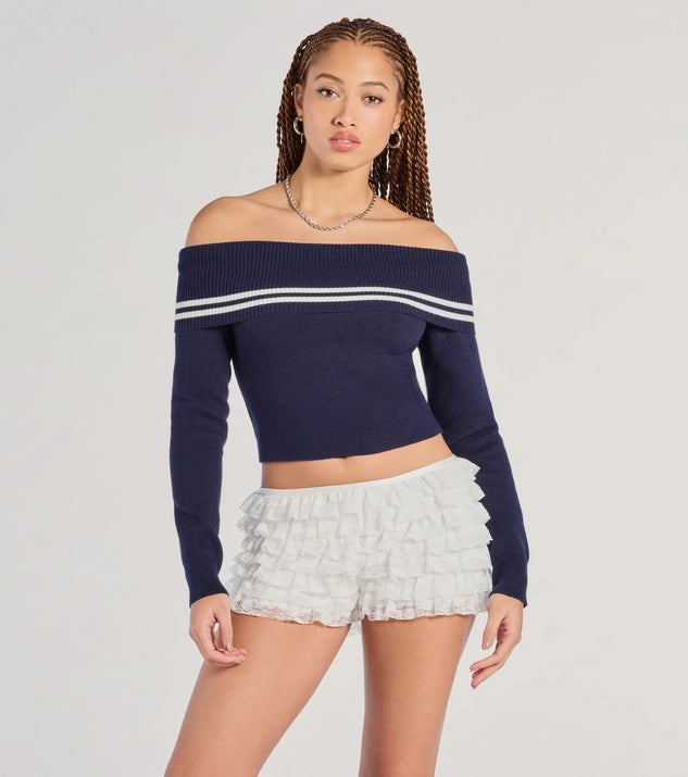 The Cruising Cutie Off-The-Shoulder Striped Knit Sweater Top in navy blue with a modern design and trendy look is part of the latest women's tops collection to elevate your 2025 wardrobe.