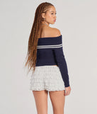 The Cruising Cutie Off-The-Shoulder Striped Knit Sweater Top in navy blue with a modern design and trendy look is part of the latest women's tops collection to elevate your 2025 wardrobe.