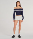 The Cruising Cutie Off-The-Shoulder Striped Knit Sweater Top in navy blue with a modern design and trendy look is part of the latest women's tops collection to elevate your 2025 wardrobe.