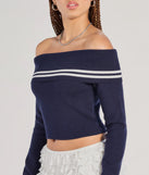 The Cruising Cutie Off-The-Shoulder Striped Knit Sweater Top in navy blue with a modern design and trendy look is part of the latest women's tops collection to elevate your 2025 wardrobe.