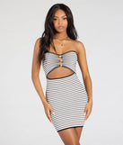 Stay on-trend this season with the Easily Stunning Strapless Cutout Striped Mini Dress in black, a must-have for creating stylish and effortless spring outfits for women.