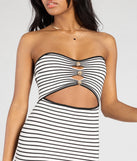 Stay on-trend this season with the Easily Stunning Strapless Cutout Striped Mini Dress in black, a must-have for creating stylish and effortless spring outfits for women.