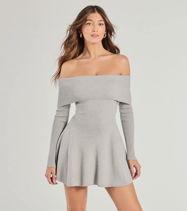 Chic Staple Ribbed Knit Skater Dress in heather gray, a stunning casual dress with a flattering fit and romantic details, perfect for date night or bachelorette celebrations.