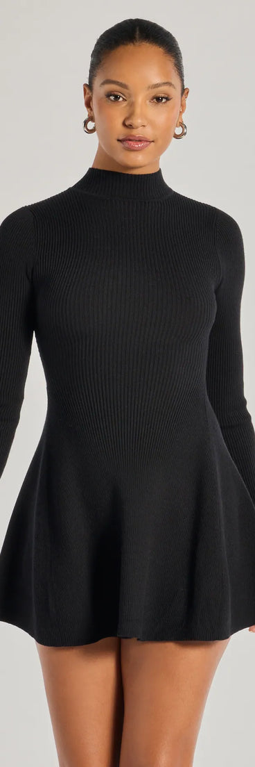 Cute And Cozy Mock Neck Knit Skater Dress, a trendy black mini dress featuring modern details and a fresh seasonal hue, perfect for creating chic 2025 looks.