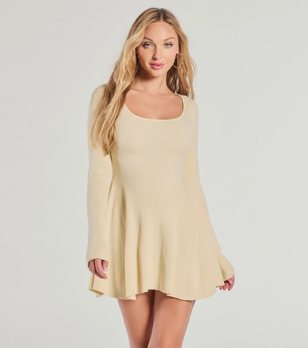 Cutest Twirl Long Sleeve Knit Skater Dress, a trendy off-white mini dress featuring modern details and a fresh seasonal hue, perfect for creating chic 2025 looks.