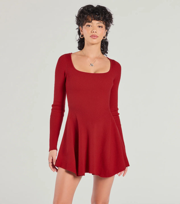 Cutest Twirl Long Sleeve Knit Skater Dress, a trendy red mini dress featuring modern details and a fresh seasonal hue, perfect for creating chic 2025 looks.