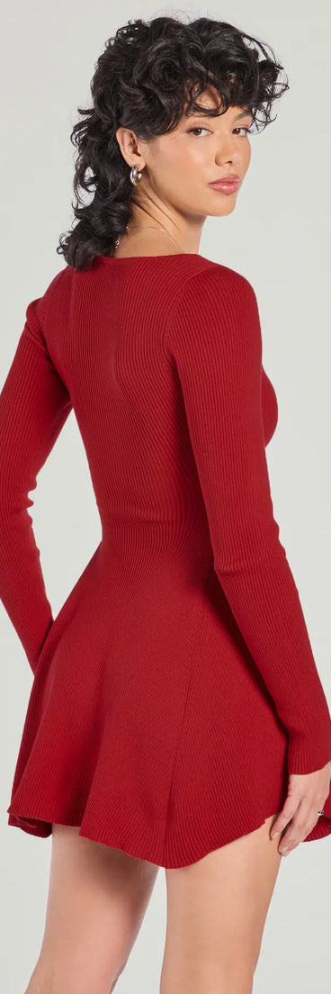 Cutest Twirl Long Sleeve Knit Skater Dress in red, a stunning casual dress with a flattering fit and romantic details, perfect for date night or bachelorette celebrations.
