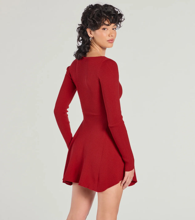 knee length dresses for ladies Cutest Twirl Long Sleeve Knit Skater Dress