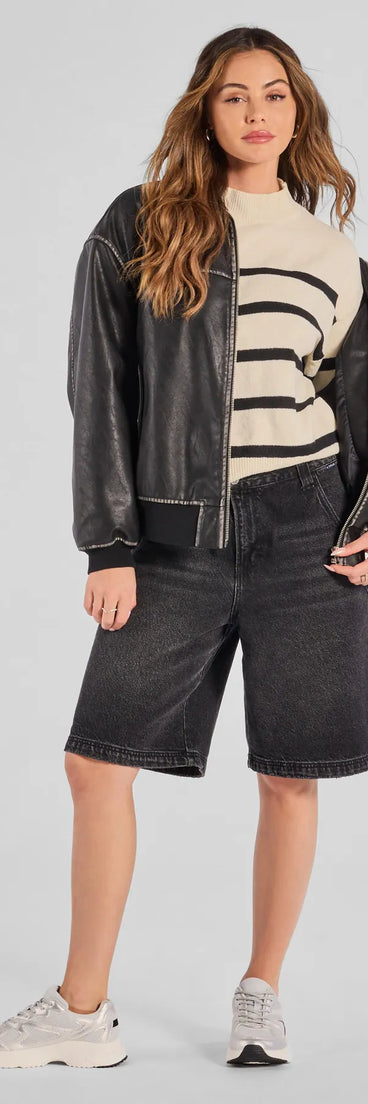 The Preppy Casual Striped Knit Mock Neck Sweater in black with a modern design and trendy look is part of the latest women's tops collection to elevate your 2025 wardrobe.