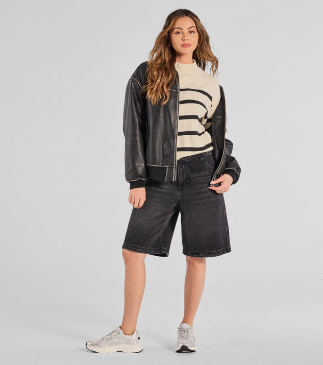 The Preppy Casual Striped Knit Mock Neck Sweater in black with a modern design and trendy look is part of the latest women's tops collection to elevate your 2025 wardrobe.