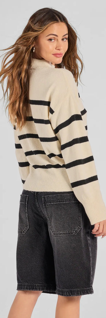 The Preppy Casual Striped Knit Mock Neck Sweater in black with a modern design and trendy look is part of the latest women's tops collection to elevate your 2025 wardrobe.