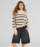 The Preppy Casual Striped Knit Mock Neck Sweater in black with a modern design and trendy look is part of the latest women's tops collection to elevate your 2025 wardrobe.
