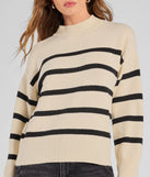 The Preppy Casual Striped Knit Mock Neck Sweater in black with a modern design and trendy look is part of the latest women's tops collection to elevate your 2025 wardrobe.