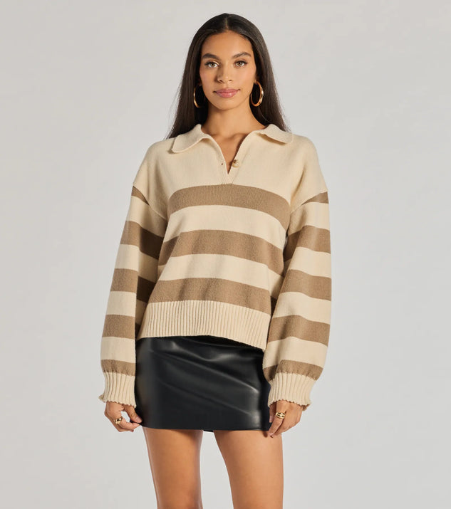 The Stripe Sensation Collared Pullover Sweater in taupe with a modern design and trendy look is part of the latest women's tops collection to elevate your 2025 wardrobe.