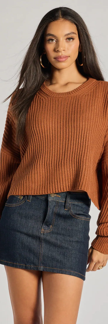 The Chic Crew Ribbed Knit Sweater in rust with a modern design and trendy look is part of the latest women's tops collection to elevate your 2025 wardrobe.