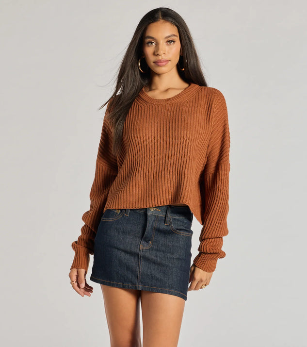 The Chic Crew Ribbed Knit Sweater in rust with a modern design and trendy look is part of the latest women's tops collection to elevate your 2025 wardrobe.