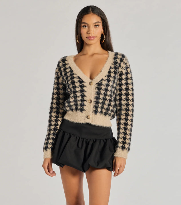 The Polished Cozy Houndstooth Eyelash Knit Cardigan in taupe with a modern design and trendy look is part of the latest women's tops collection to elevate your 2025 wardrobe.
