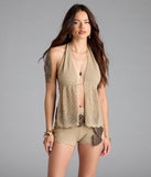 Serve effortless style and scroll-stopping energy in the Feelin' Boho Halter Open Back Knit Top, part of a taupe matching clothing set that does the work for you with bold, polished vibes from top to bottom.