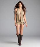 Serve effortless style and scroll-stopping energy in the Feelin' Boho Halter Open Back Knit Top, part of a taupe matching clothing set that does the work for you with bold, polished vibes from top to bottom.
