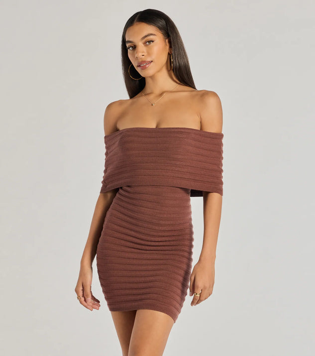 Make a bold statement in the Soft And Chic Ribbed Knit Off-The-Shoulder Mini Dress in brown, the perfect spring dress for weddings, cocktail hours, nights out, and/or seasonal celebrations.