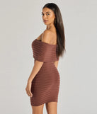 Make a bold statement in the Soft And Chic Ribbed Knit Off-The-Shoulder Mini Dress in brown, the perfect spring dress for weddings, cocktail hours, nights out, and/or seasonal celebrations.