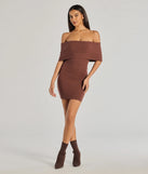 Make a bold statement in the Soft And Chic Ribbed Knit Off-The-Shoulder Mini Dress in brown, the perfect spring dress for weddings, cocktail hours, nights out, and/or seasonal celebrations.