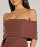 Make a bold statement in the Soft And Chic Ribbed Knit Off-The-Shoulder Mini Dress in brown, the perfect spring dress for weddings, cocktail hours, nights out, and/or seasonal celebrations.