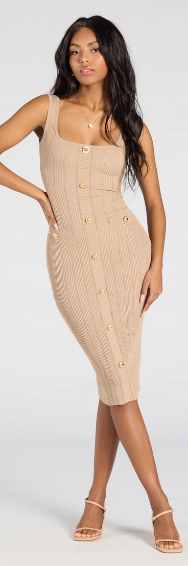 With its mid-calf hem and popular flattering fit, the Sweetest Poise Button Bodycon Midi Dress in taupe nails the balance of trend and ease, redefining go-to midi dresses for any occasion.