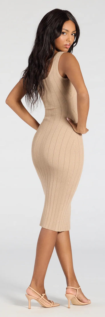 Whether you're headed to brunch or running errands, the Sweetest Poise Button Bodycon Midi Dress in taupe delivers effortless style in a breathable, go-to casual dress.