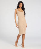 Stay on-trend this season with the Sweetest Poise Button Bodycon Midi Dress in taupe, a must-have for creating stylish and effortless spring outfits for women.