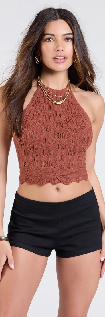 From bold to effortless, the Signs Of Sunshine Halter Knit Crop Top lets you define your vibe with rust tops that speak your style.