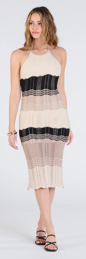 With its mid-calf hem and popular flattering fit, the Retro Vision Halter Striped Crochet Midi Dress in multi-color nails the balance of trend and ease, redefining go-to midi dresses for any occasion.