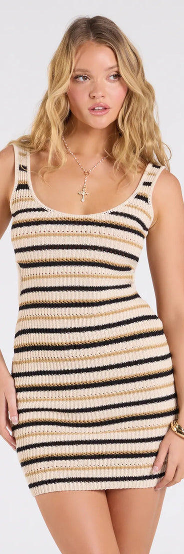 Whether you're headed to brunch or running errands, the Cool Breeze Cutout Striped Knit Mini Dress in natural delivers effortless style in a breathable, go-to casual dress.