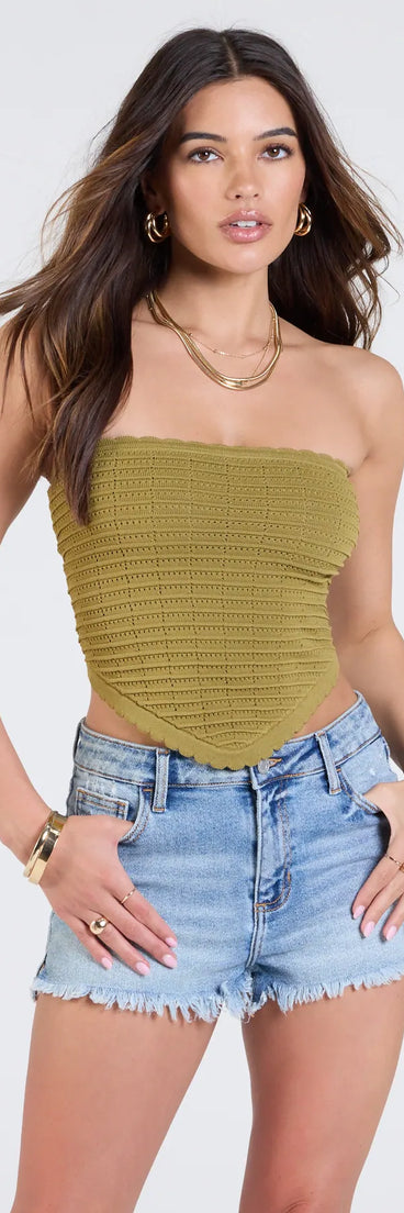 Stay on-trend this season with the Total Fave Strapless Knit Crop Top in olive green, a must-have for creating stylish and effortless summer outfits for women.