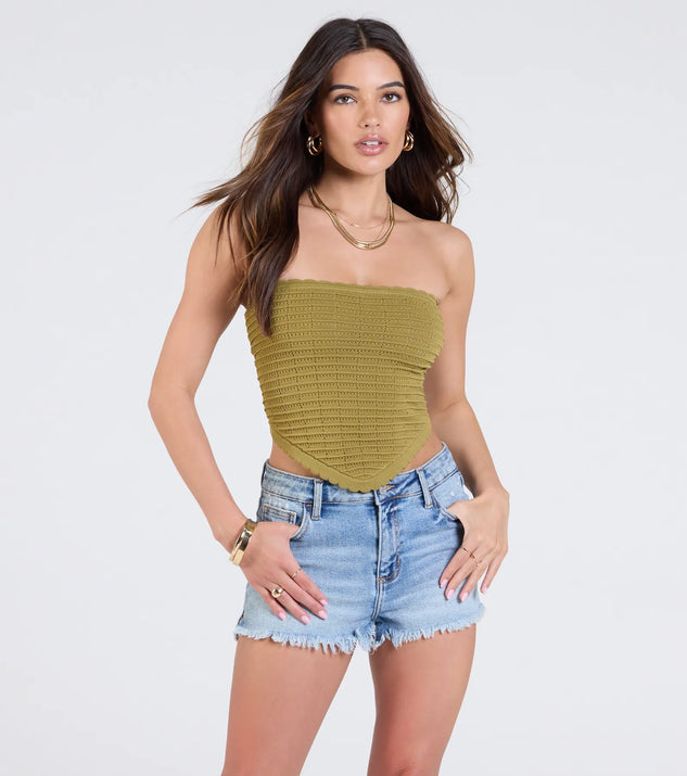 Stay on-trend this season with the Total Fave Strapless Knit Crop Top in olive green, a must-have for creating stylish and effortless summer outfits for women.
