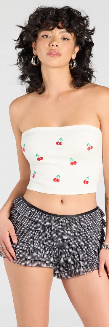 Stay on-trend this season with the Cute Pickings Cherry Embroidered Tube Top in white, a must-have for creating stylish and effortless summer outfits for women.