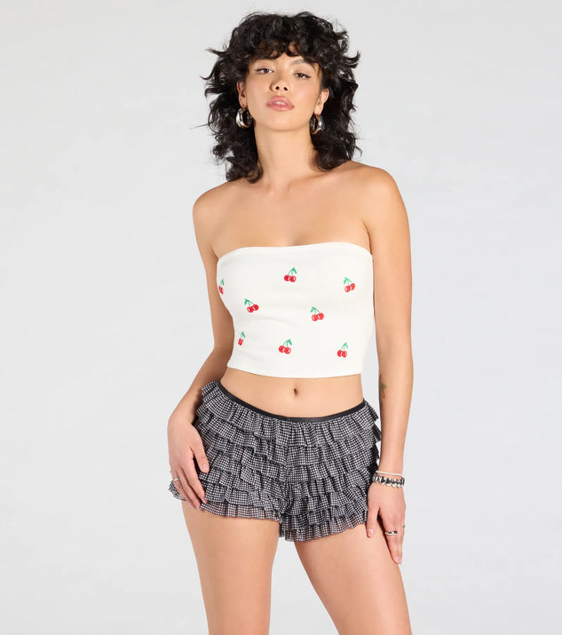 Stay on-trend this season with the Cute Pickings Cherry Embroidered Tube Top in white, a must-have for creating stylish and effortless spring outfits for women.