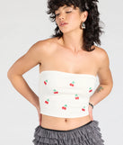 Stay on-trend this season with the Cute Pickings Cherry Embroidered Tube Top in white, a must-have for creating stylish and effortless spring outfits for women.