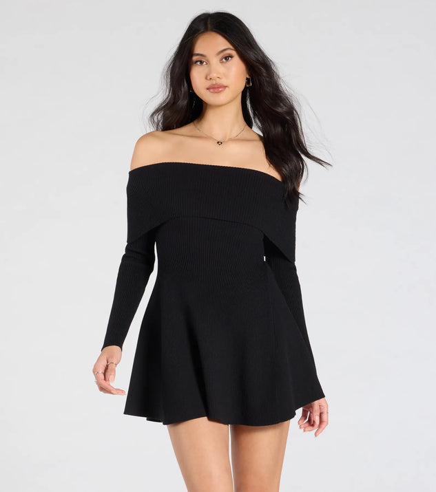Chic Staple Ribbed Knit Skater Dress in black, a stunning casual dress with a flattering fit and romantic details, perfect for date night or bachelorette celebrations.