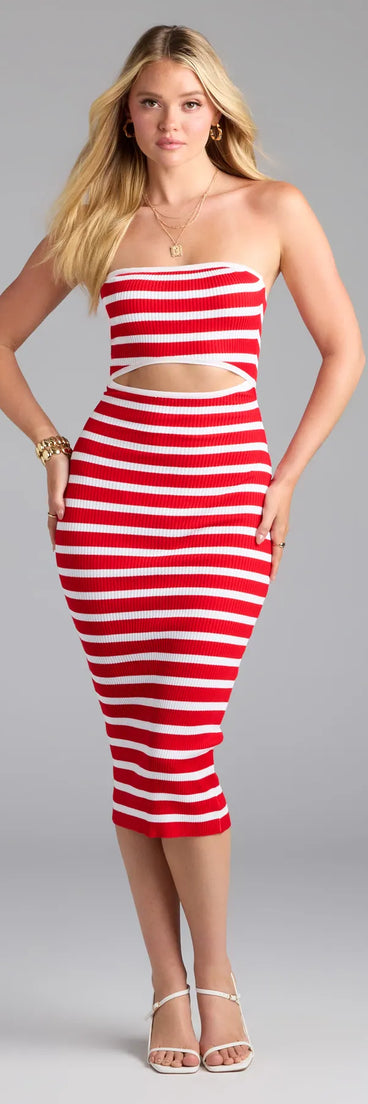 Soak up the season in the Exceptional Cutie Striped Cutout Midi Dress, a red sundress styled for easy days, outdoor plans, and everything in between.