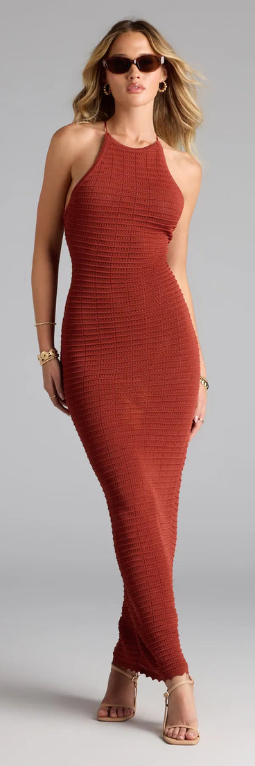 The Going Places Lace-Up Knit Maxi Dress is a flowy, bronze maxi dress that moves with you from sunny days to elevated nights in effortless style.