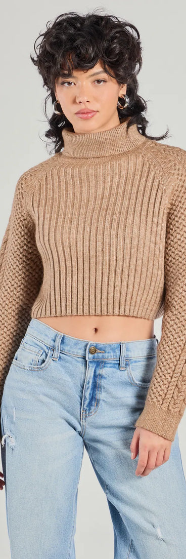 The Snuggle Weather Turtleneck Crop Knit Sweater in tan with a modern design and trendy look is part of the latest women's tops collection to elevate your 2025 wardrobe.