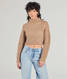 The Snuggle Weather Turtleneck Crop Knit Sweater in tan with a modern design and trendy look is part of the latest women's tops collection to elevate your 2025 wardrobe.