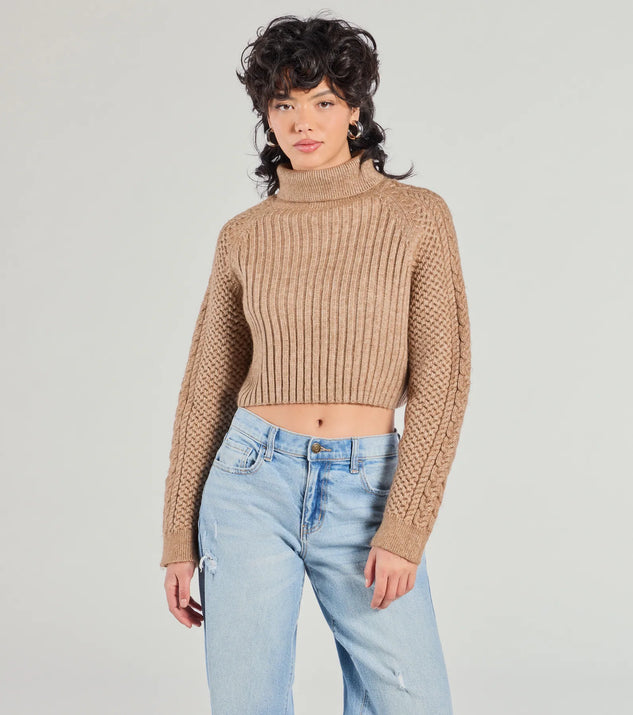 The Snuggle Weather Turtleneck Crop Knit Sweater in tan with a modern design and trendy look is part of the latest women's tops collection to elevate your 2025 wardrobe.