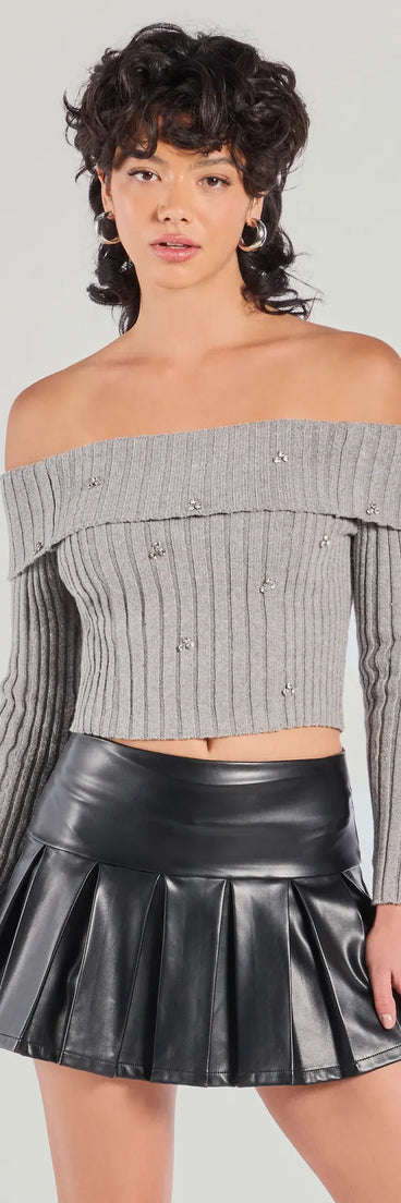 The Cozy Glitz Off-The-Shoulder Rhinestone Sweater in gray with a modern design and trendy look is part of the latest women's tops collection to elevate your 2025 wardrobe.