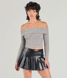 The Cozy Glitz Off-The-Shoulder Rhinestone Sweater in gray with a modern design and trendy look is part of the latest women's tops collection to elevate your 2025 wardrobe.